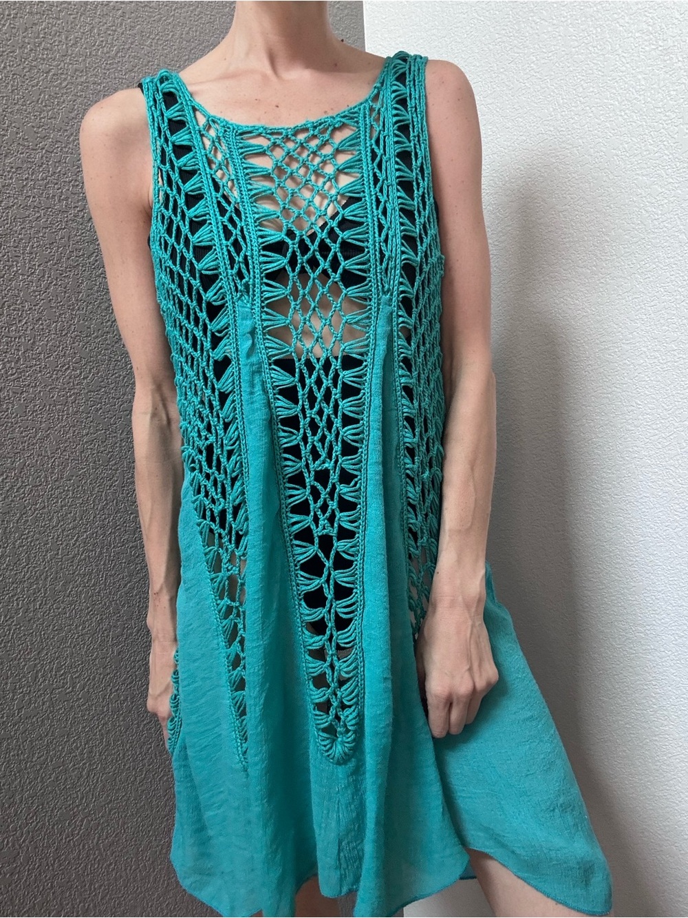 Vintage Crochet Coverup Dress Women’s S/M Teal Water Beach